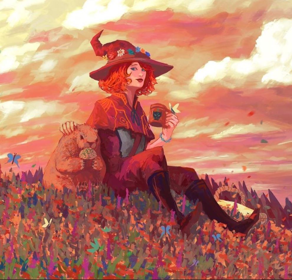 The red-haired witch, Marmalade, sits atop a hill overlooking the forest with her unlikely companion, a Marmot who enjoys grass scones