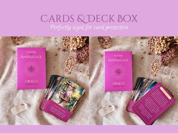 Mockup showing front of deck box with stacks of oracle cards