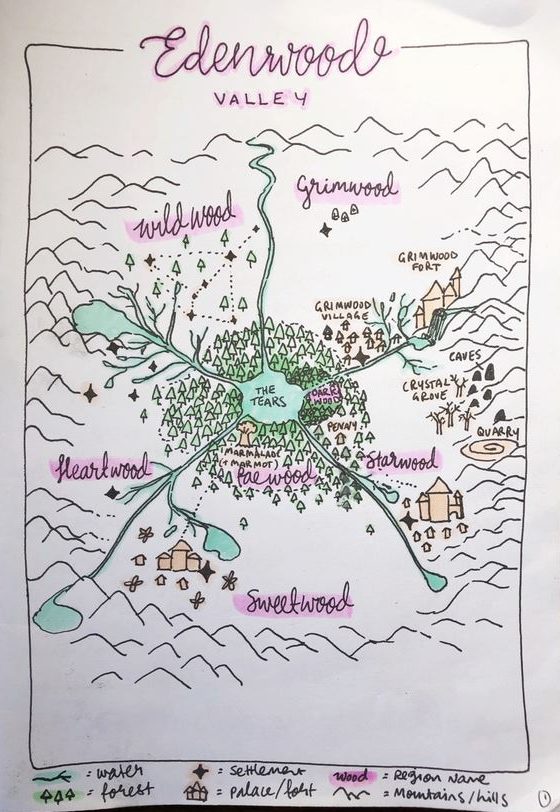 A rough handdrawn map showing the landscape and features of Edenwood Valley and the realms contained within.