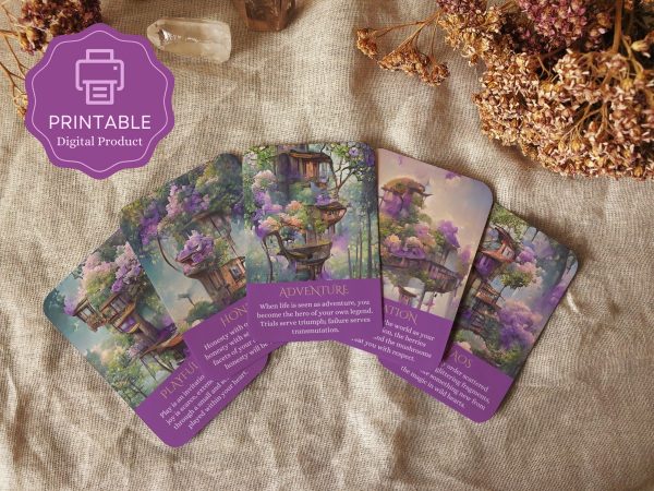 5 oracle cards lay fanned out on a beige cloth surrounded by purple flowers