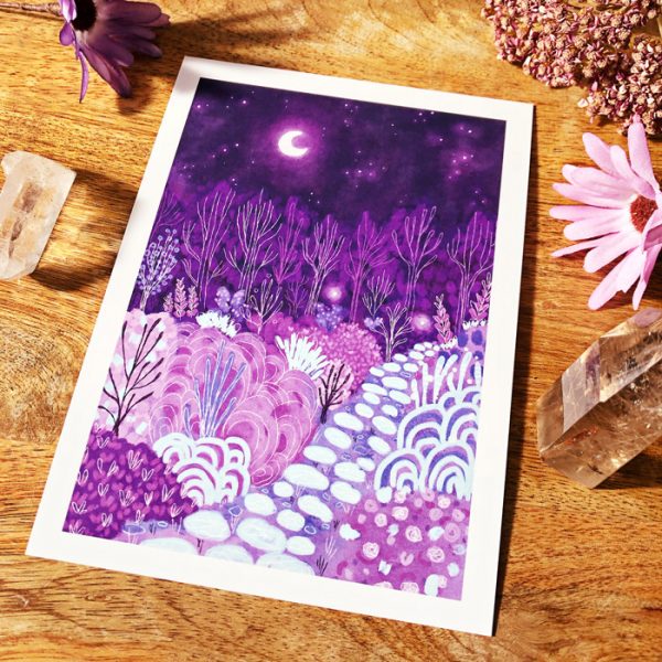Image shows a printed art card featuring a crystalline path leading into the depths of a purple forest as a crescent moon rises in the midnight sky