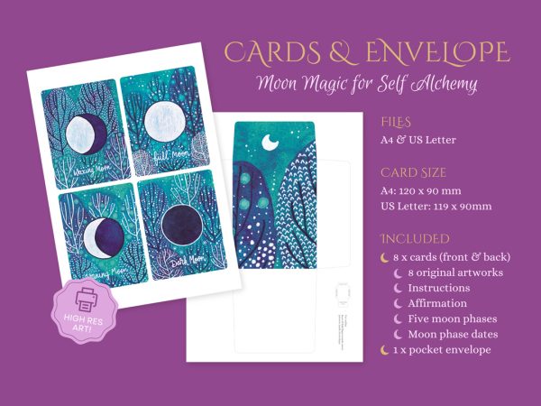 Mockups of digital pages for moon cards and printable pocket envelope