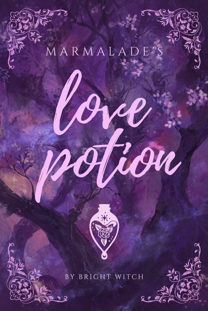 Book cover for Marmalade's Love Potion featuring an ethereal enchanted forest scape in tones of purple and pinks.