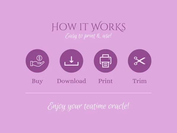 How it works. Pay. Download. Print. Trim. Enjoy your teatime oracle!