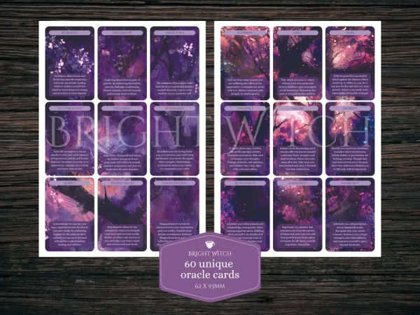 Image shows two A4 sized sheets, with 9 cards per sheet. 60 unique oracle cards measuring 62mm by 93mm.