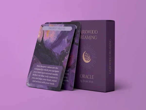 Image shows a mockup of purple deck box option and two oracle cards.
