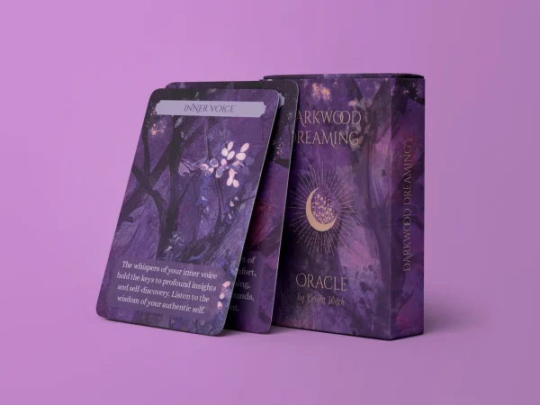 Image shows a mockup of art deck box option and two oracle cards.