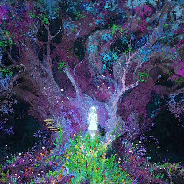 Close up of Ghost Lights poster illustration artwork. Image shows a ghostly girls standing at the base of an enchanted tree surrounded by a vibrant garden of flowers.