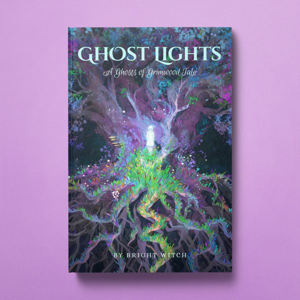 Ghost Lights eBook cover featuring an illustration of a ghostly girl standing at the base of a spectral tree. At her feet sprawls a vibrant garden of flowers.