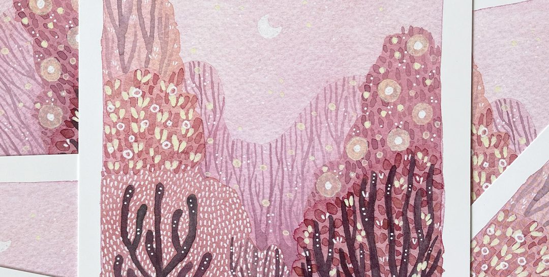 Autumn Wilds No 1. A coral forest painted in dusky plum tones filled with glowing lights.