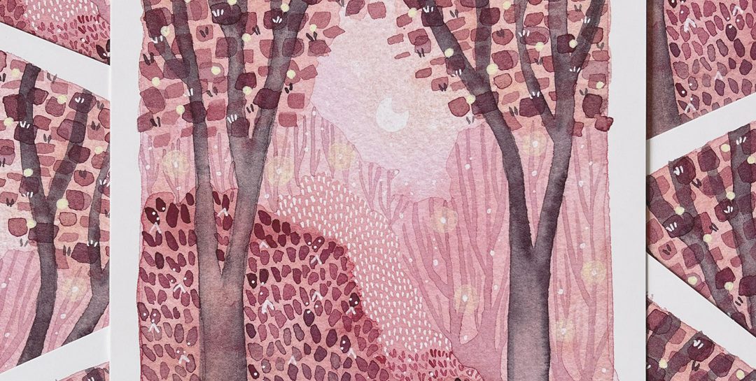Autumn Wilds No 2. A watercolour forest painted in plum tones willed with glowing lights.