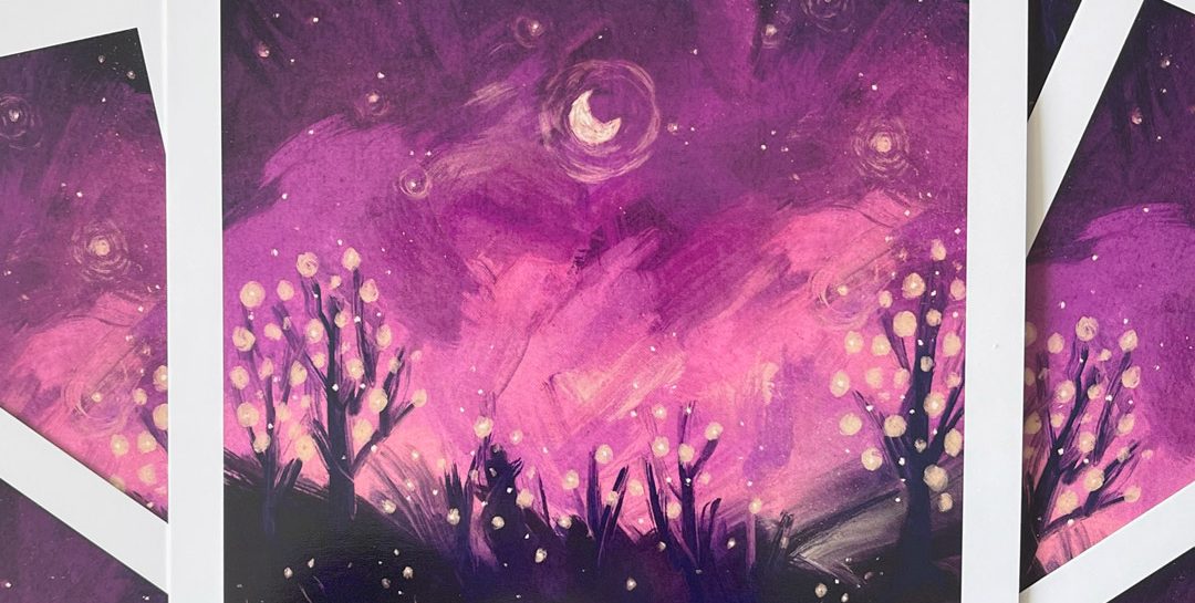 Darkwood Fireflies. A crescent moon rises into a vibrant sky of magenta and plum over a field of dark silhouetted trees filled with the glittering lights of fireflies.