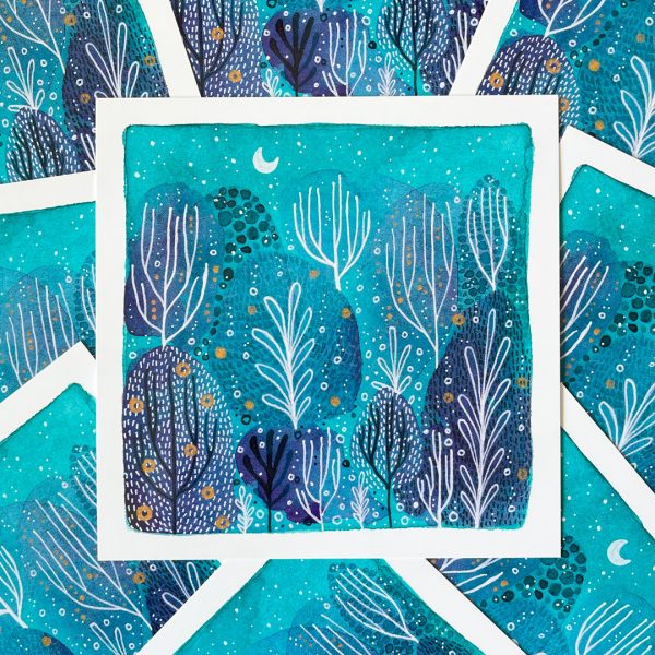 Faewood At Twilight No. 2. An abstract forest of coral is painted in tones of teals and blues with white and gold detailing.