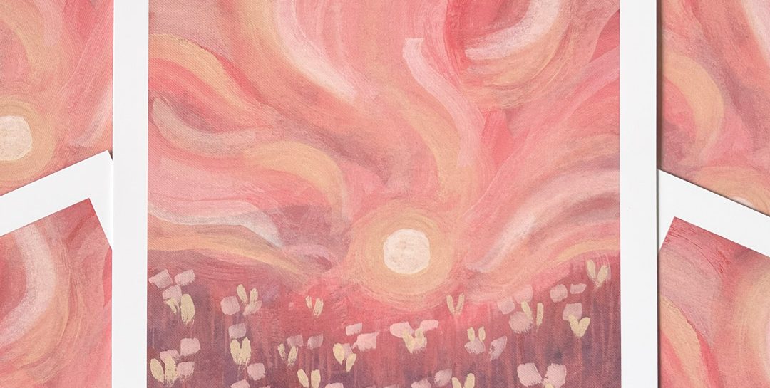 Harvest Sun. A gouache painting of a sunrise over the floral meadows of Sweetwood painted in tones of orange, peach, and buttery yellow.