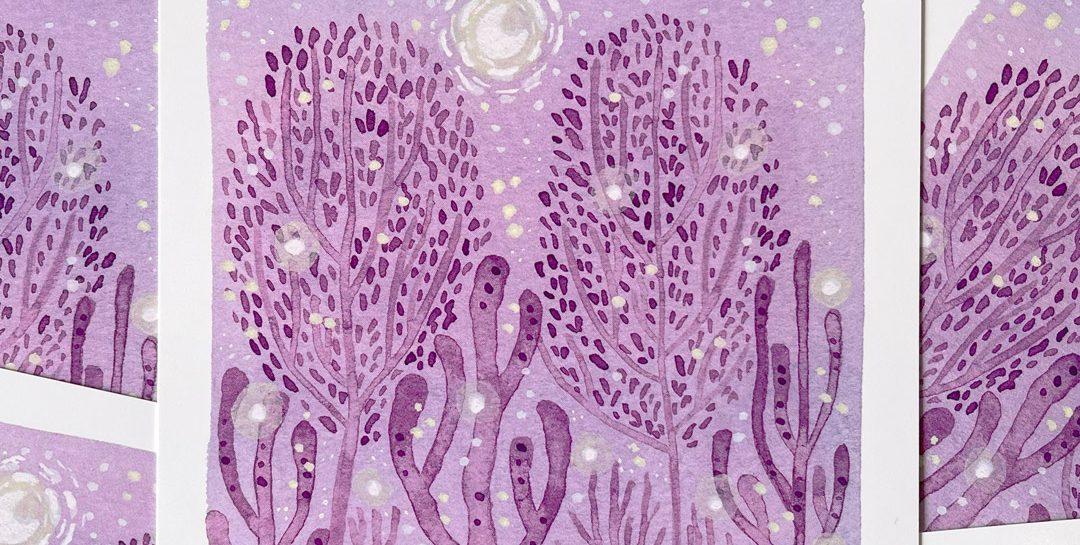 The Lights of Eden. A watercolour painting of a coral forest in plum and lilac tones with buttery yellow highlights.
