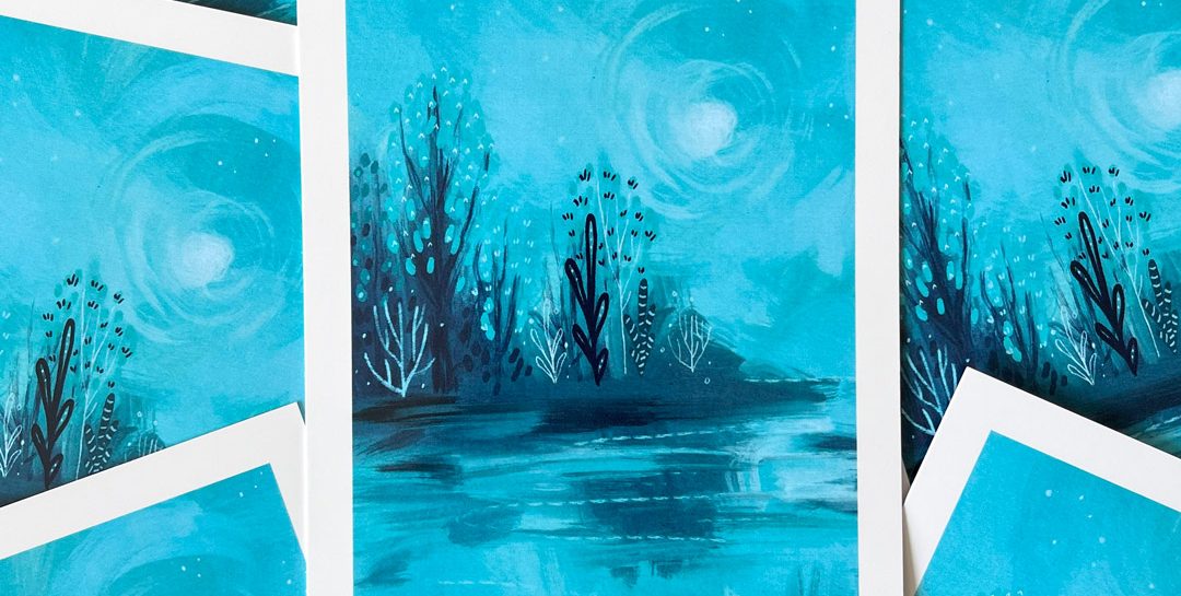 Winter Lake. A digital painting of a glassy lake reflecting trees and the light of a full moon rising into teal skies.