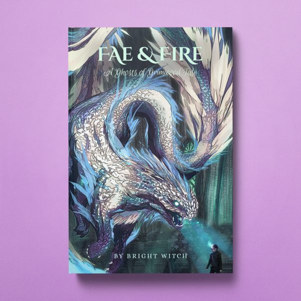 Fae & Fire eBook cover featuring an illustration of a spectral dragon closing in on a young boy, who stands resolute before the danger.